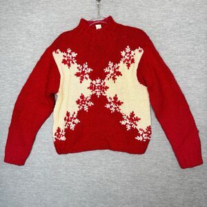 Vintage Express Tricot Chunky Wool Snowflake Sweater Large Red White Ski‎ 1990s